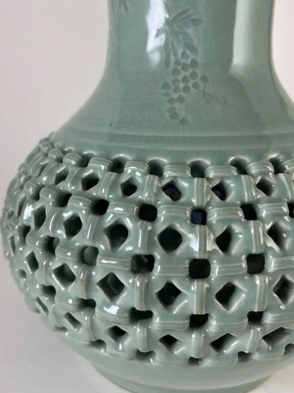 Vintage Korean Celadon Reticulated Porcelain Vase Signed Pierced 10in